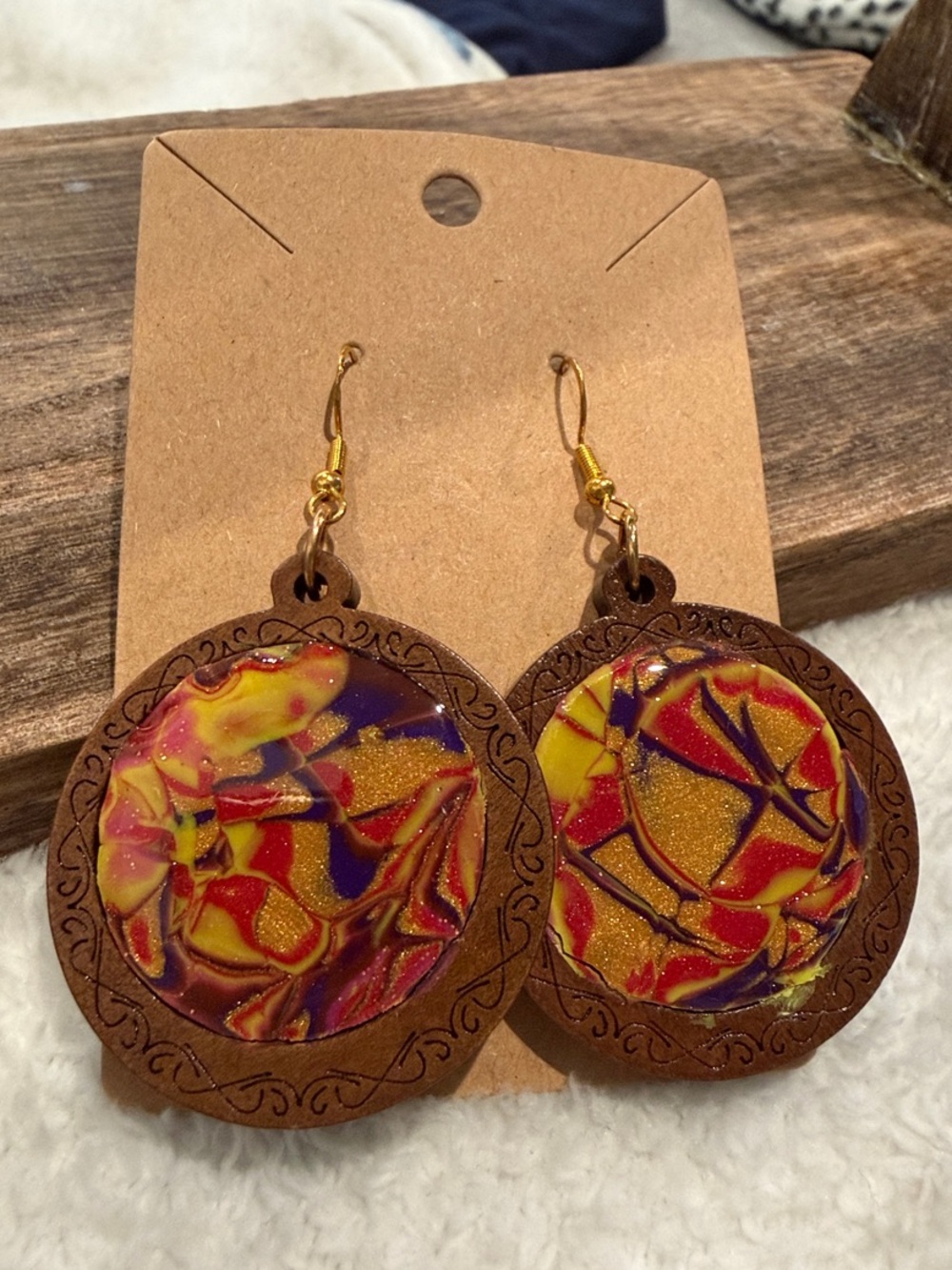 Handmade Multicolor Resin & Wood Drop Earrings - Yellow, Purple, Red